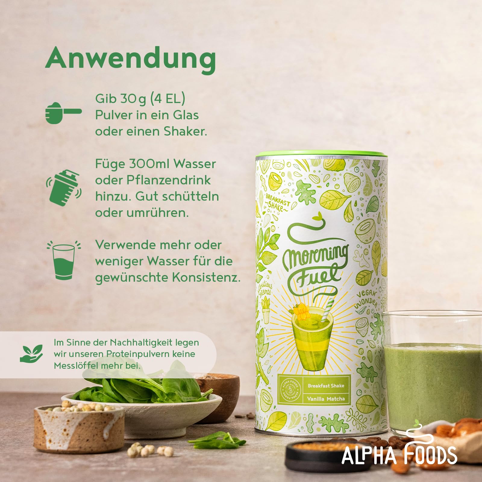 Alpha Foods Morning Fuel Vanille Matcha Shake, Morgens Satt & Gesund, Vitamin- und Nährstoffreiche Frühstücksmischung mit Protein aus Samen, Quinoa & Mandeln, 600 Gramm Pulver, 20 Portionen