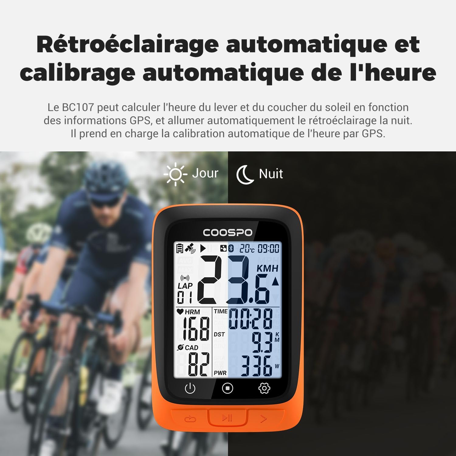 COOSPO BC107 Compteur Velo sans Fil Bluetooth 5.0 Ant+ Compteur Vitesse Velo Odomètre, Écran LCD rétroéclairé de 2.4 Pouces Compatible avec Capteurs Ant, Velo Route et VTT
