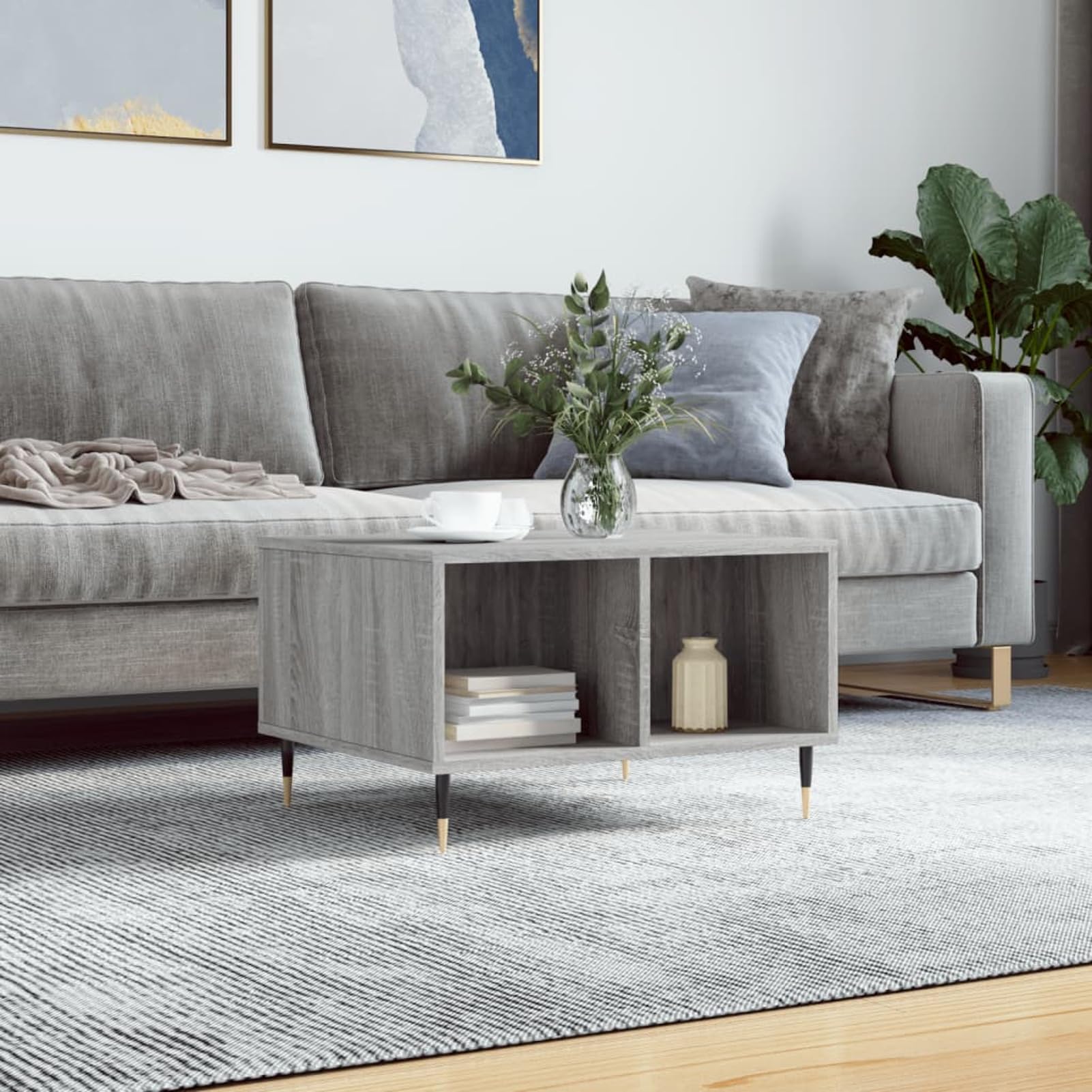 Homgoday Tavolino da caffè Sonoma grigio 60 x 50 x 36,5 cm, in legno ingegnerizzato, tavolino da tè per soggiorno, sala ricevimenti degli ospiti, camera da letto e ufficio, tipo 1