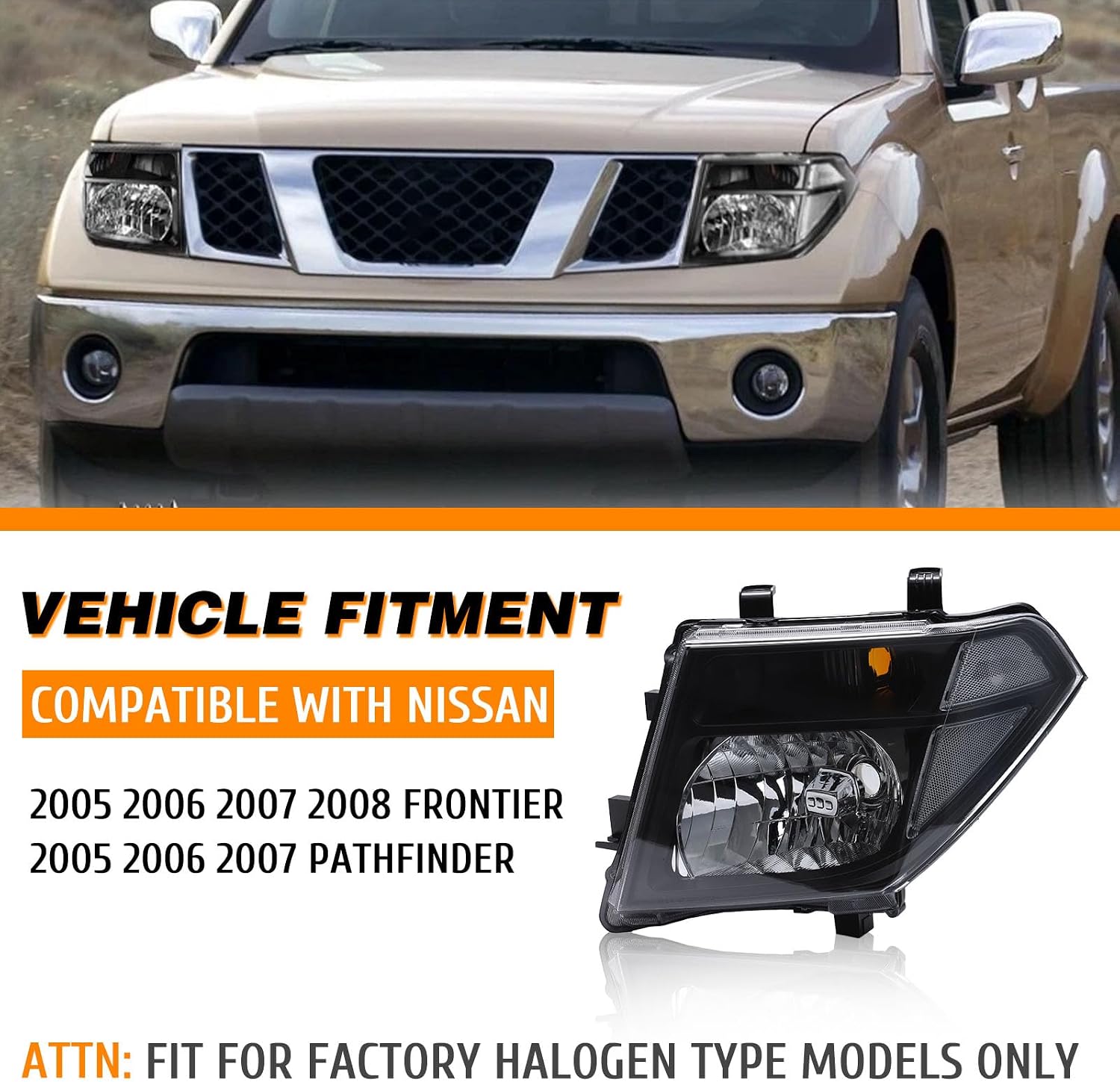 Headlight Assembly Compatible with 2005-2008 Nissan Frontier / 2005-2007 Pathfinder, Halogen Headlamp w/o Bulb Replace# 26060EA525 26010EA525, Black Housing Clear Lens White Corner
