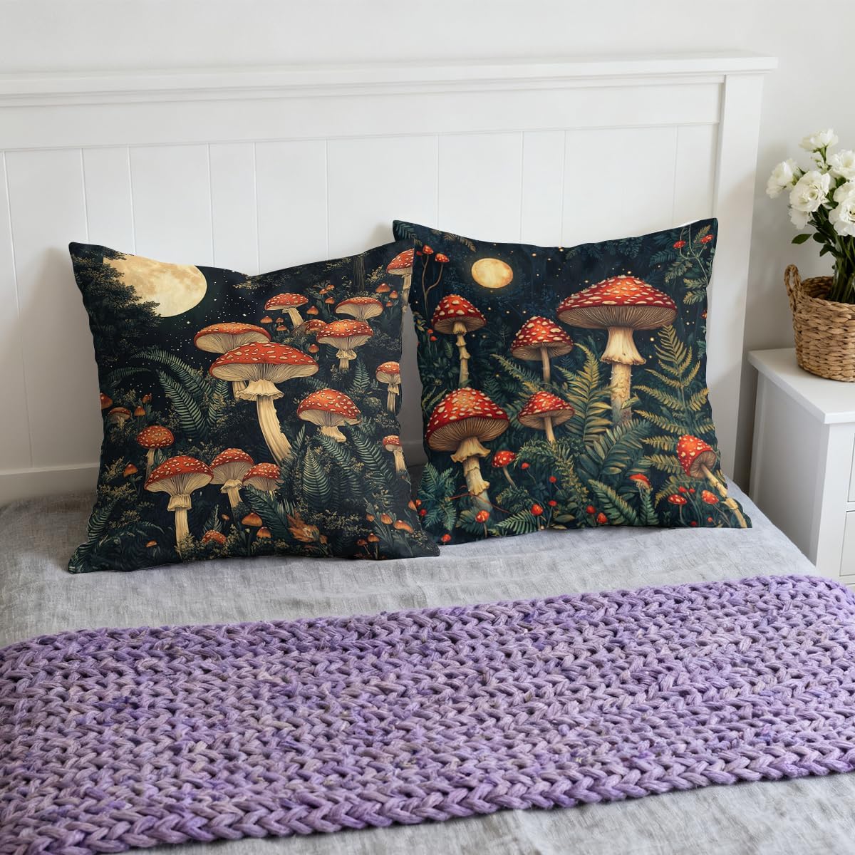Mystic Forest Pillow Covers 18x18 inch Set of 4, Red Mushroom Moonlight Dark Fantasy Throw Pillow Covers Farmhouse Cushion Case Decor for Sofa Couch - Image 5
