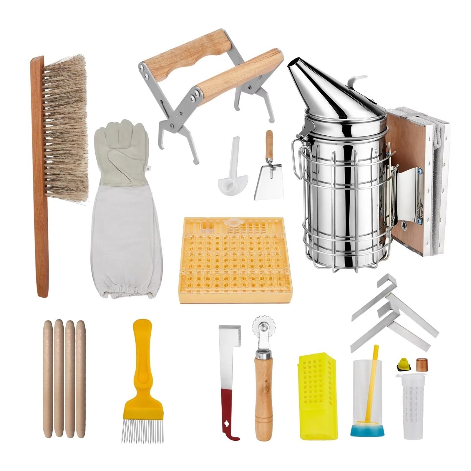 Kit completo di strumenti per apicoltura da 15 pezzi Guanti per per alveare per fumatori Marcatura della gabbia regina per principianti e professionisti