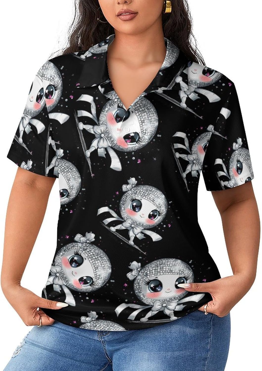 Shining Just for You Ribbon Disco Ball Womens Golf Polo Shirts Summer Short Sleeve Collared 3 Buttons T Shirt Activewear Tops