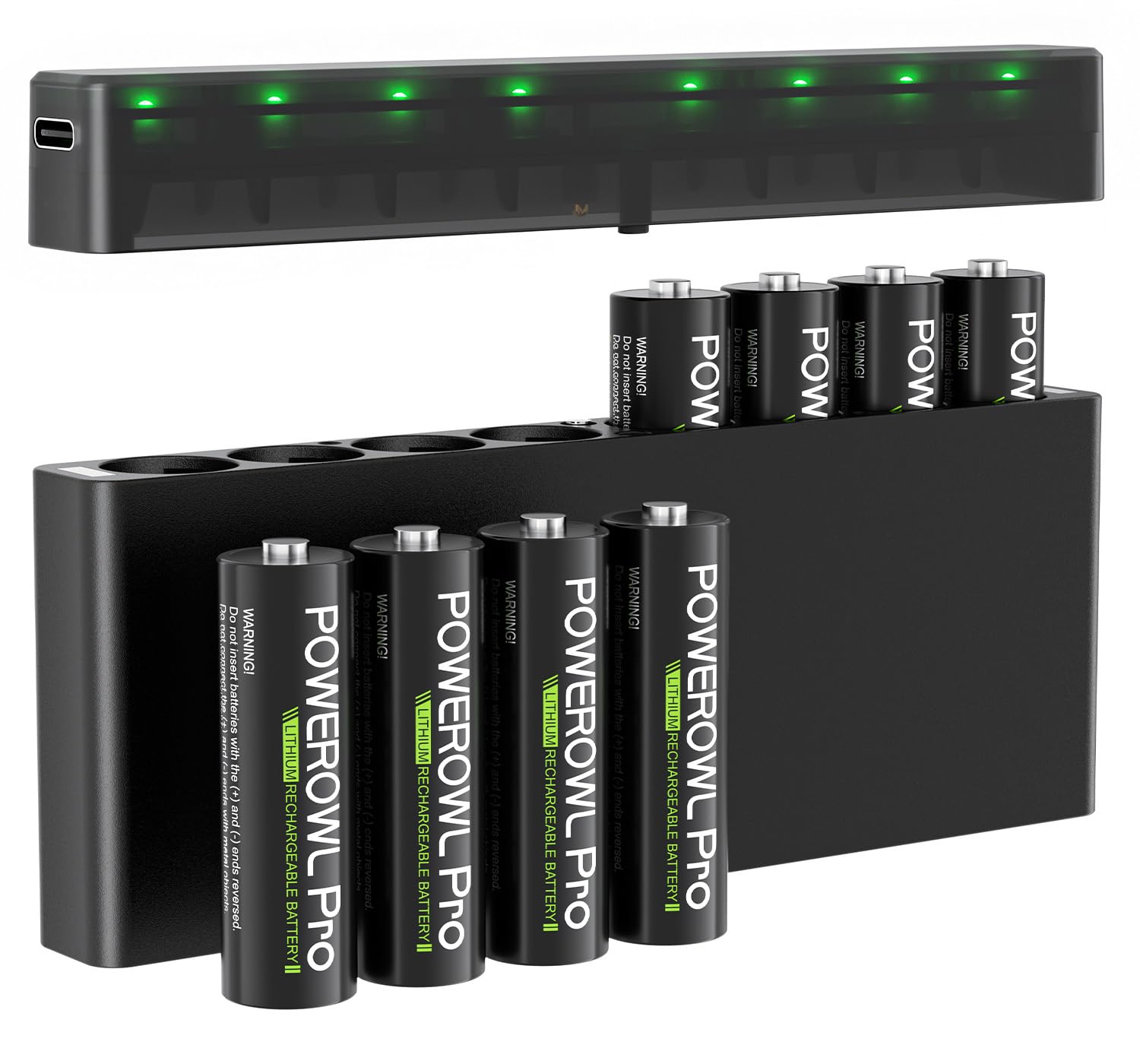 powerowl - 8 pack aa rechargeable lithium battery with charger, stable output 1.5v 3000mwh for outdoor blinking camera with lithium charger storage box