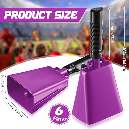 Miniatura 2 de Paquete de 6 campanas de vaca a granel, cencerros de metal con asa, campanas de animación para graduación, campanas sólidas para escuela, campanas