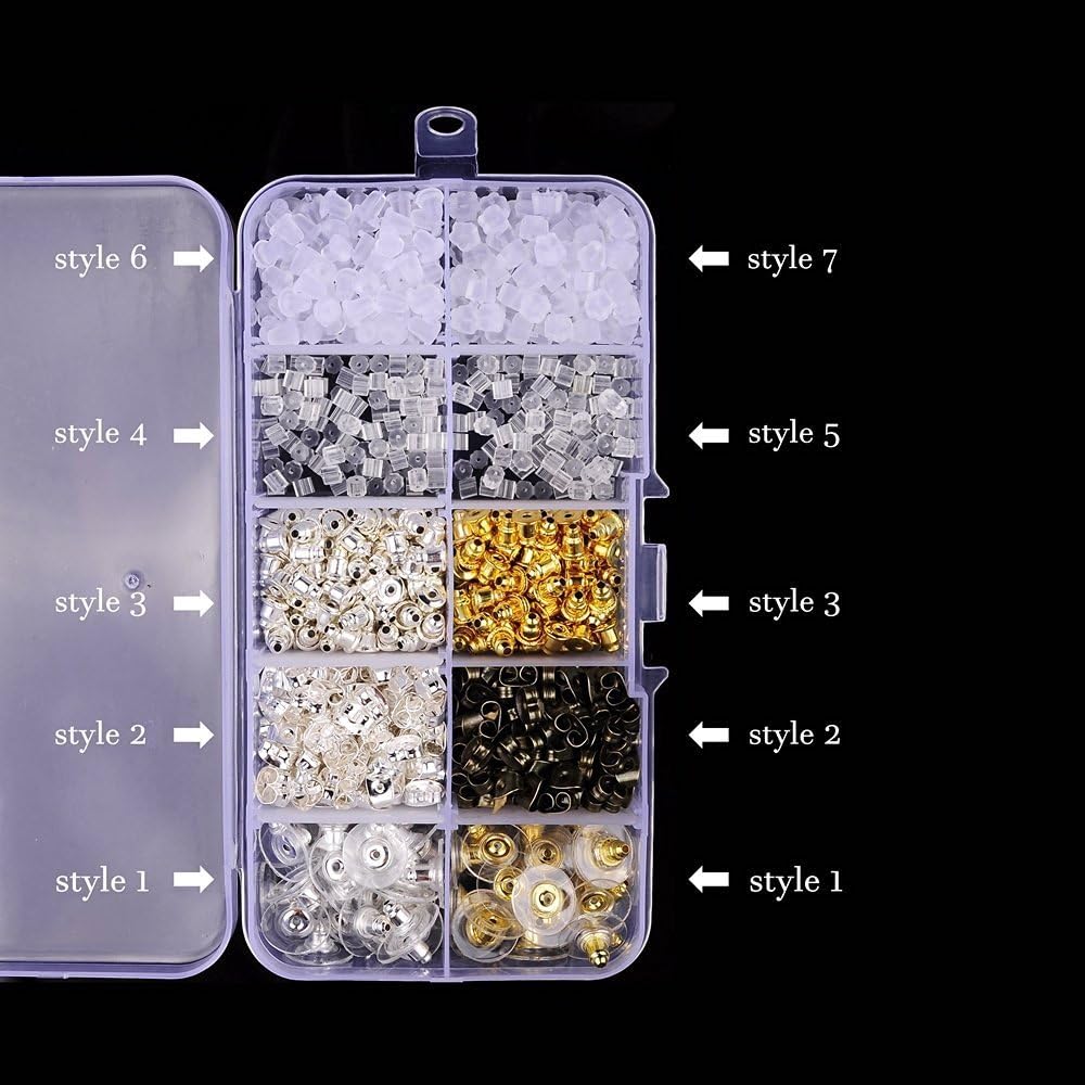 Supla 10 Styles Earring Back Clips Bullet Shape Earring Backs Butterfly Metal Rubber Plastic Secure Earring Backs for Safety, 1040 Pieces