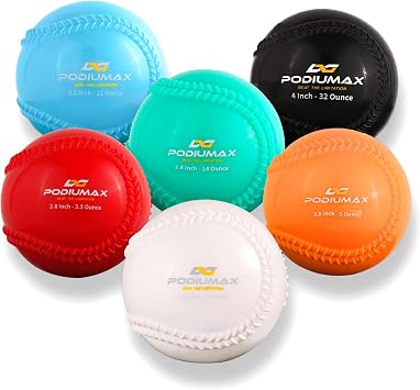 PodiuMax Plyometric Weighted Baseballs 6 Pack, 32 21 14 7 5 & 3.5oz Plyo Balls, Weighted Baseballs for Hitting & Pitching, Softball & Baseball Training