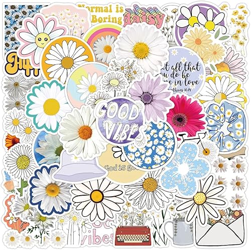 50 bonitas calcomanías de margaritas para botellas de agua, hidrofrasco, computadoras portátiles y teléfonos, calcomanías motivacionales para niños,
