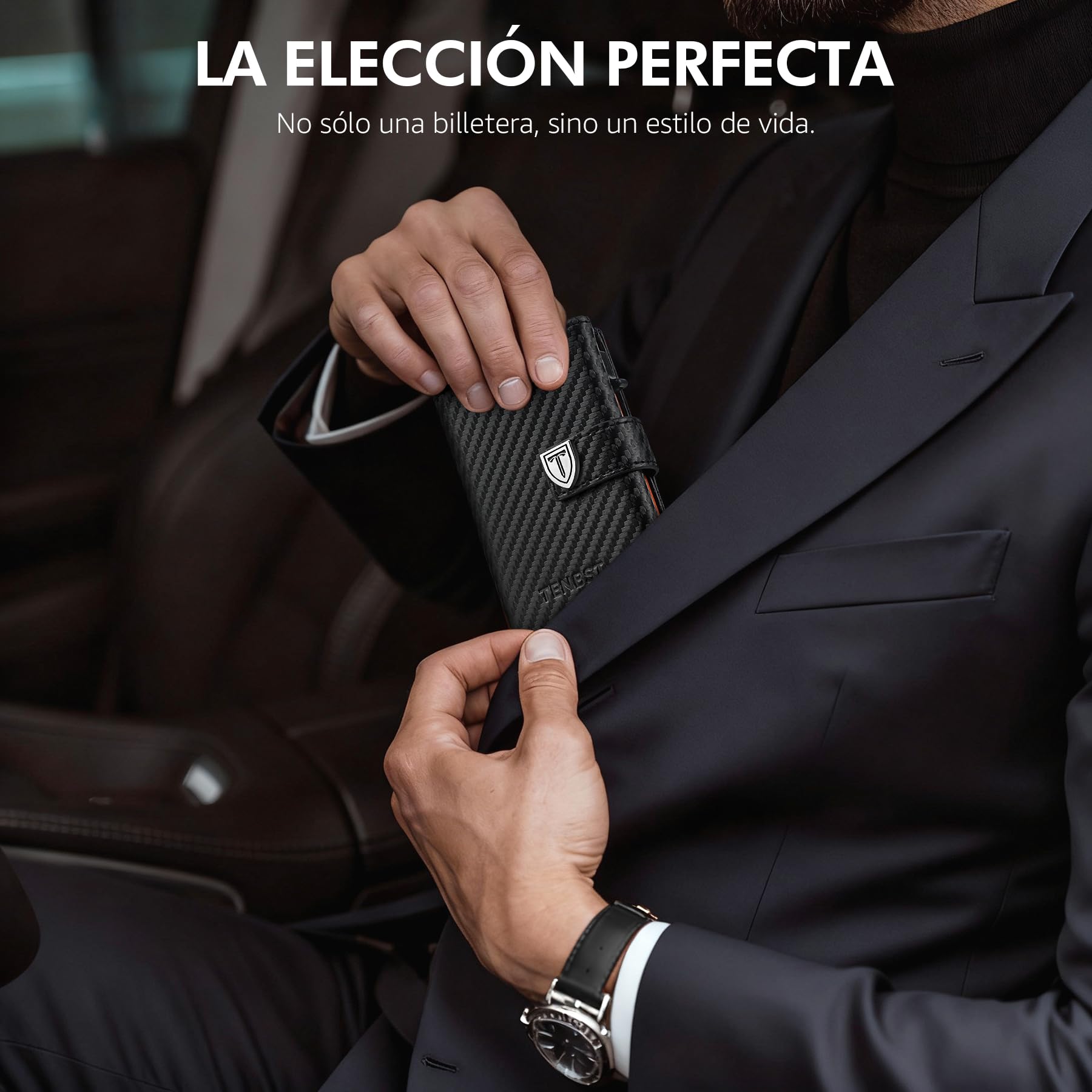 TENBST Cartera para Hombre – Cartera Ultrafina para Hombre con Compartimento para Monedas y protección RFID, Cartera Premium Fina, Cartera de Lujo para 10 Tarjetas de crédito (Negro y Naranja), Negro