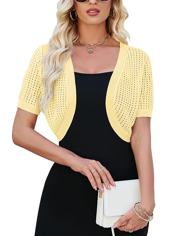 SECRETEYARD Womens Short Sleeve Shrug Cardigan Bolero Lightweight Open Front Knit Sweater Cardigans Shrug for Dress S-XXL Yellow by SECRETEYARD - Used condition - US$18.90