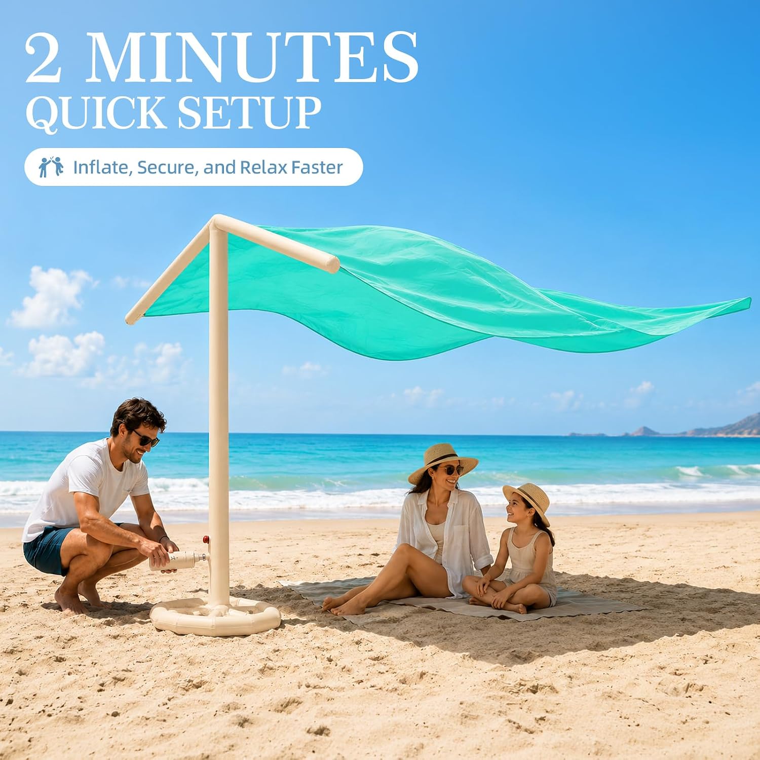 CHERIMOR Beach Shade Canopy, Inflatable Beach Canopy Wind-Powered Portable Sun Shade, Up to 5 People, 96 Sq. Ft. of Shade, UPF 50+ Sun Protection, 2-Minute Setup, Beach Shade with Auto Inflation Pump