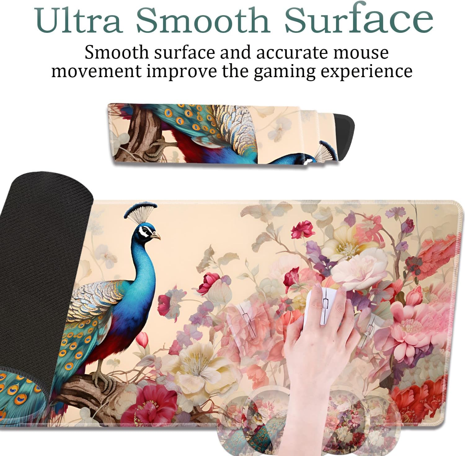 Large Gaming Mouse Pad + Wrist Rest + Lace Coaster Non-Slip Set, with Sewn Edges and Waterproof Expandable Desktop Pad, Suitable for Office/Home, Peacock and Flowers