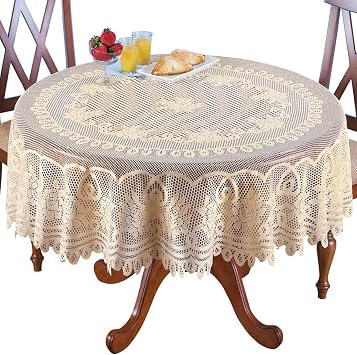 WUBODTI Beige Lace Round Tablecloths 70 Inch for Dining Room Kitchen Tables,Christmas Vintage Floral Table Cover with Scalloped Bottom for Wedding Party Baby Shower Banquet, Sits 4 to 6 People