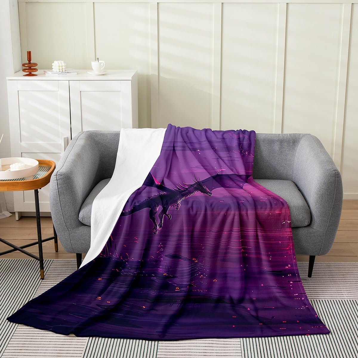 Kawaii Dragon Flannel Blanket Queen 90"x90" Warm Lightweight,Watercolor Jungle Wild Flowers Leaves Flannel Sherpa Blanket,Cute Dragon Animal Kids Bedroom Set Breathable Flannel Plush Blanket