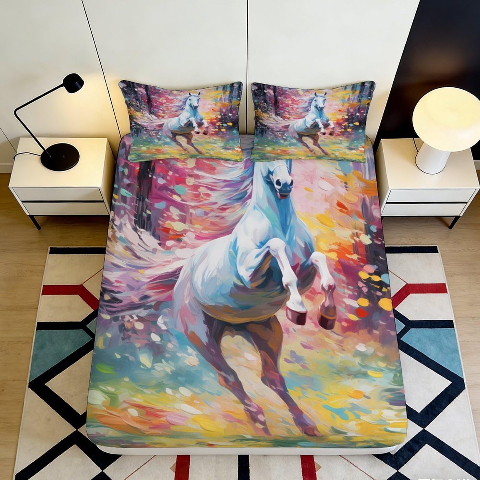 3D Printed White Horse Fitted Sheet Microfiber Vibrant Artistic Bed Cover for Bedroom Guest Room Decor 90x200x25cm