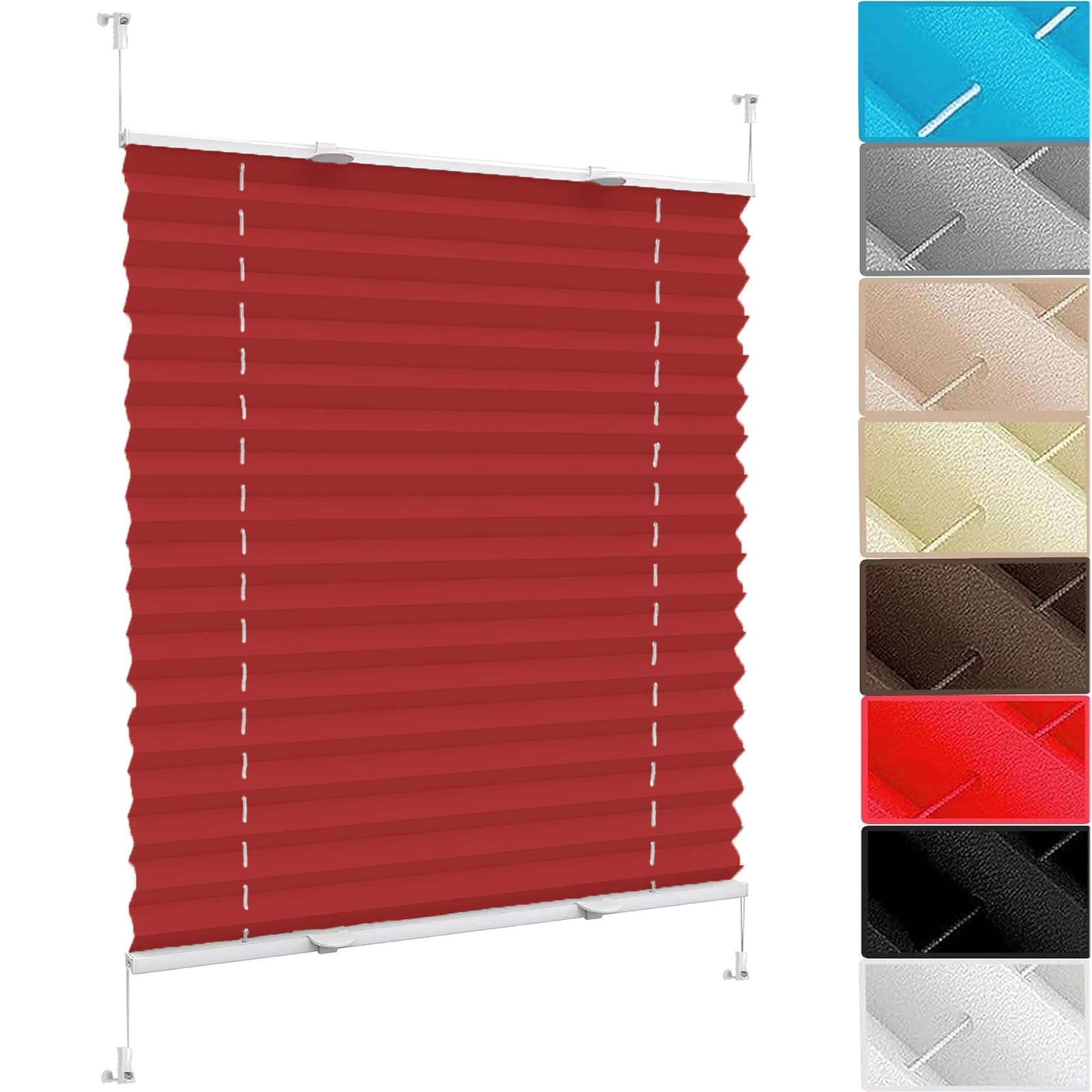 Temporary Shade Blinds No Drill Blinds 30 x 75 cm (W x H), No Drilling, Translucent, Crushed Look, Blackout Blinds Window No Drill, Blackout Cellular Shades, for Window Door, Red