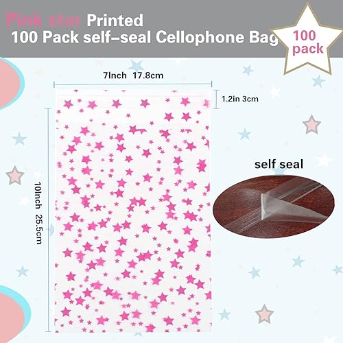 Miniatura 223 de COQOFA 100 bolsas de regalo de estrella rosa de 7 x 12 pulgadas, bolsas de regalo de celofán, bolsas de regalo de fiesta, bolsas de plástico Rosado