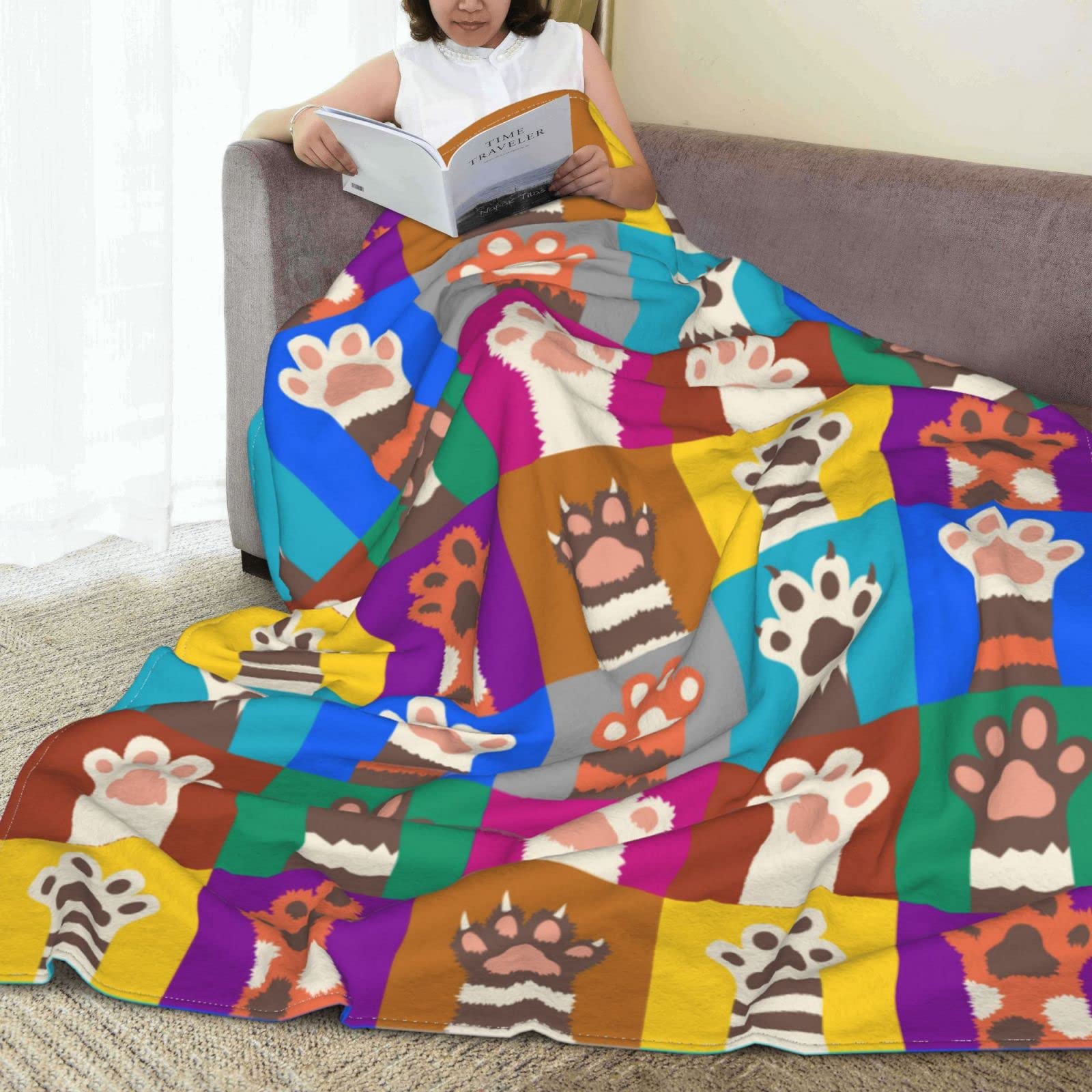 Divertente coperta colorata con zampe di gatto per letto, divano, plaid arcobaleno con zampa di animale, coperta in pile leggera e morbida e accogliente, 127 x 101,6 cm