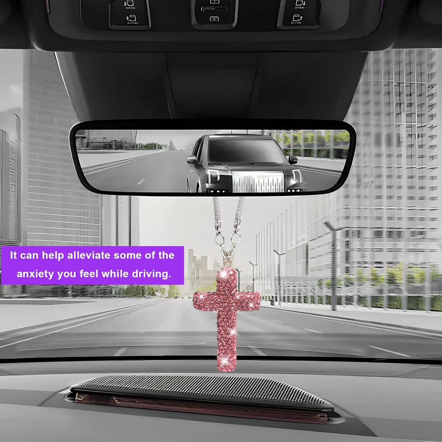 Bling Cross Car Hanging Ornament, Sparkling Christian Cross Auto Rear View Mirror Pendant, Religious Rearview Mirrors Charm Interior Decor for Most Vehicles, Car Accessories (Pink) image 4