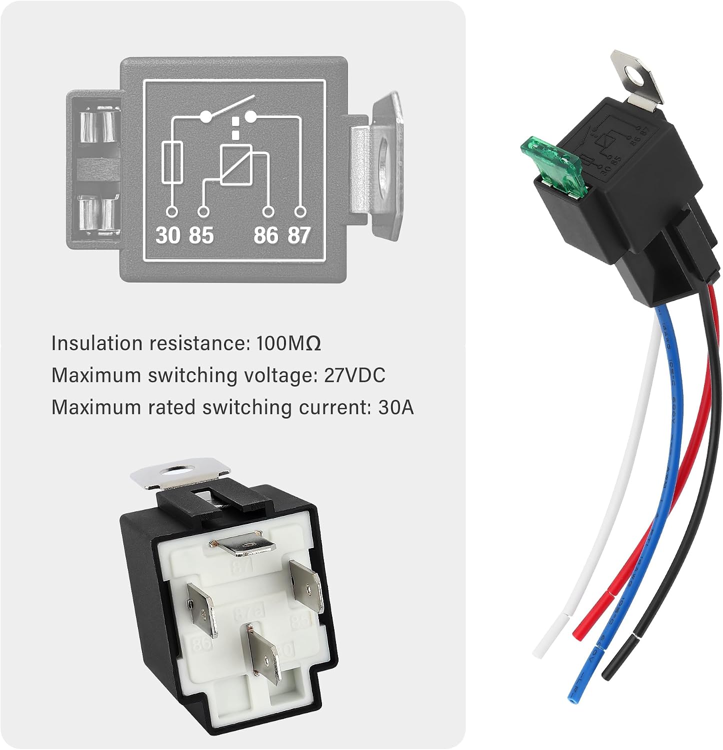 4Pin 12V Relay with 30A Fuse,SPST Normally Open Car Relay with 14 AWG Harness,Universal Automotive Relay Car Accessories for Most Cars Trucks Motorcycles