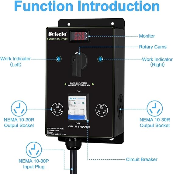 Manual EV Charging Switch for Dryer & EV, NEMA 10-30, 240V, 24A 5.76kW Max