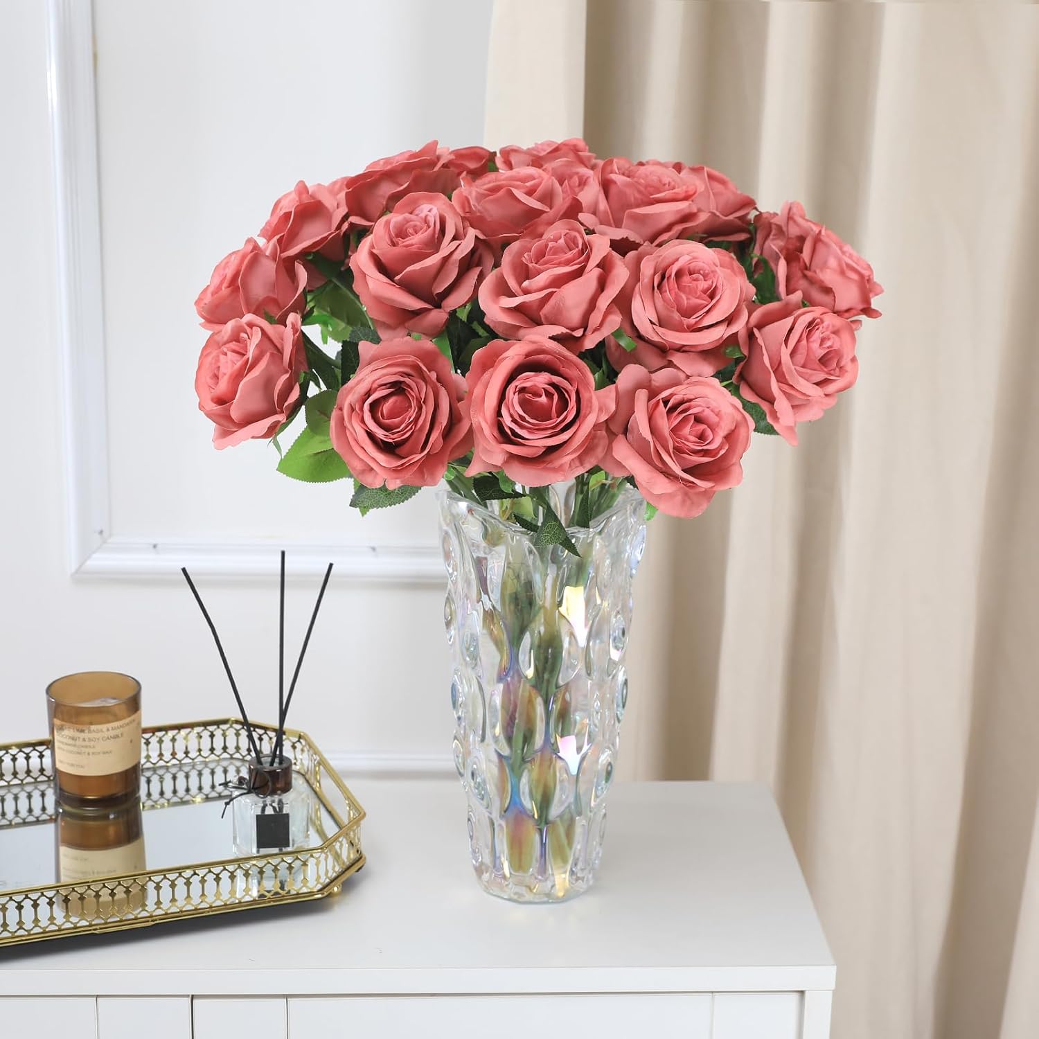 Tifuly 12Pcs Roses Long Stem Fake Silk Artificial Flowers Coral Pink image 5