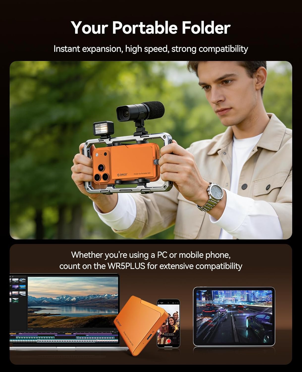 ORICO 1TB iFolder Go External SSD, Up to 460MB/s Folder Style Portable Solid State Drive, Aluminum Alloy, Type-C Cable, External Storage Compatible with iPhone 17 Pro Max, Tablets, Laptops - Orange