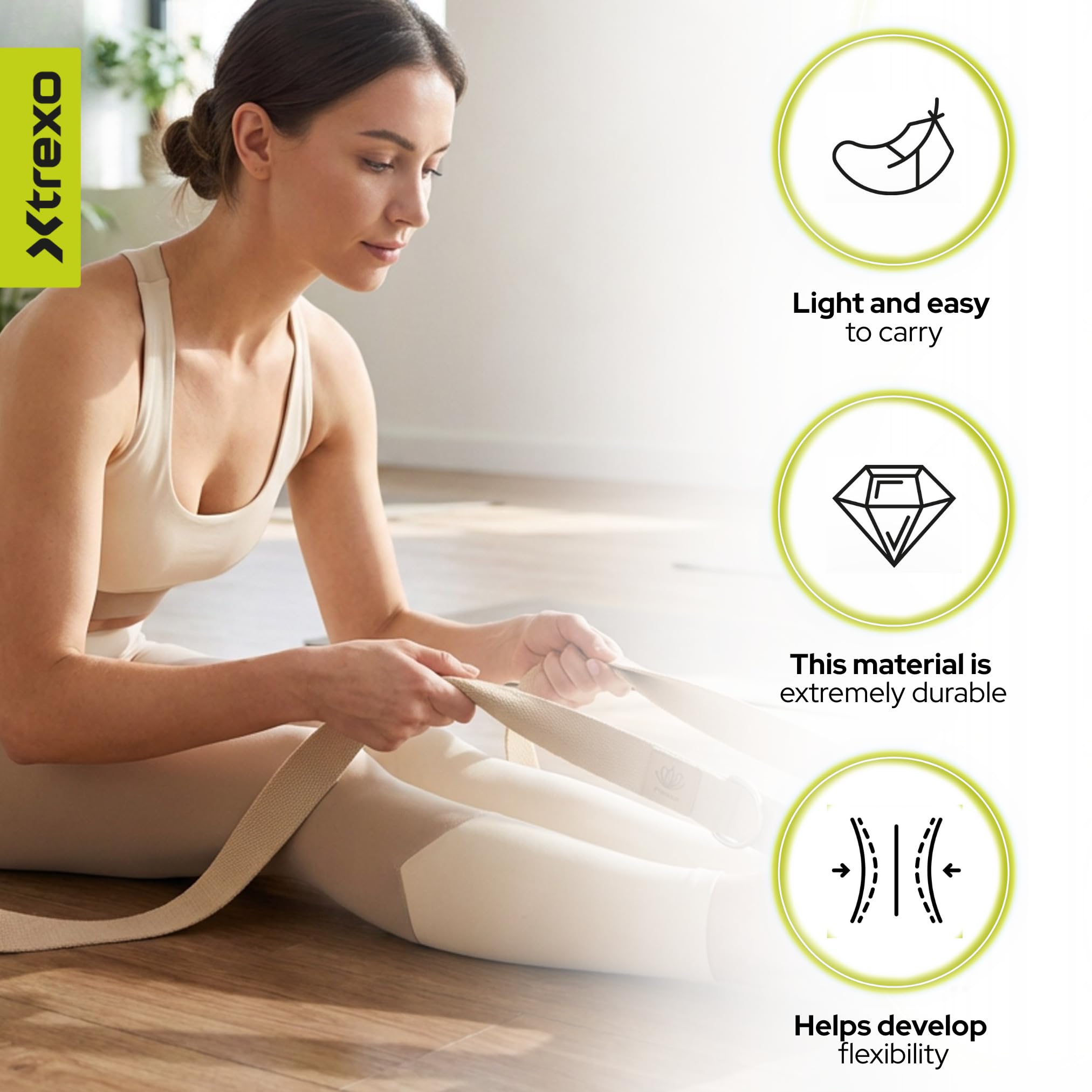 TREXO Sangle de yoga 183 x 3,8 cm - Boucle en forme de D - Réglage facile de la longueur pour différents asanas - Convient à différentes préférences - Accessoire idéal pour tout le monde