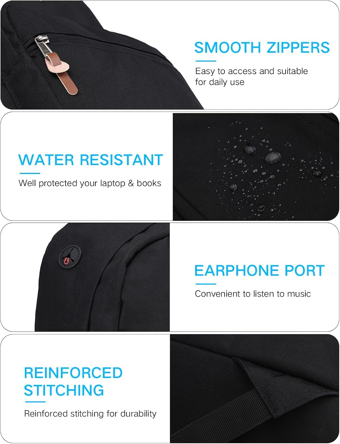 RAVUO School Backpack for Men Women | Classic College Bookbag for 15.6inch Laptop, Water Resistant Casual Daypack Schoolbag for Travel, Work, Black - Image 3