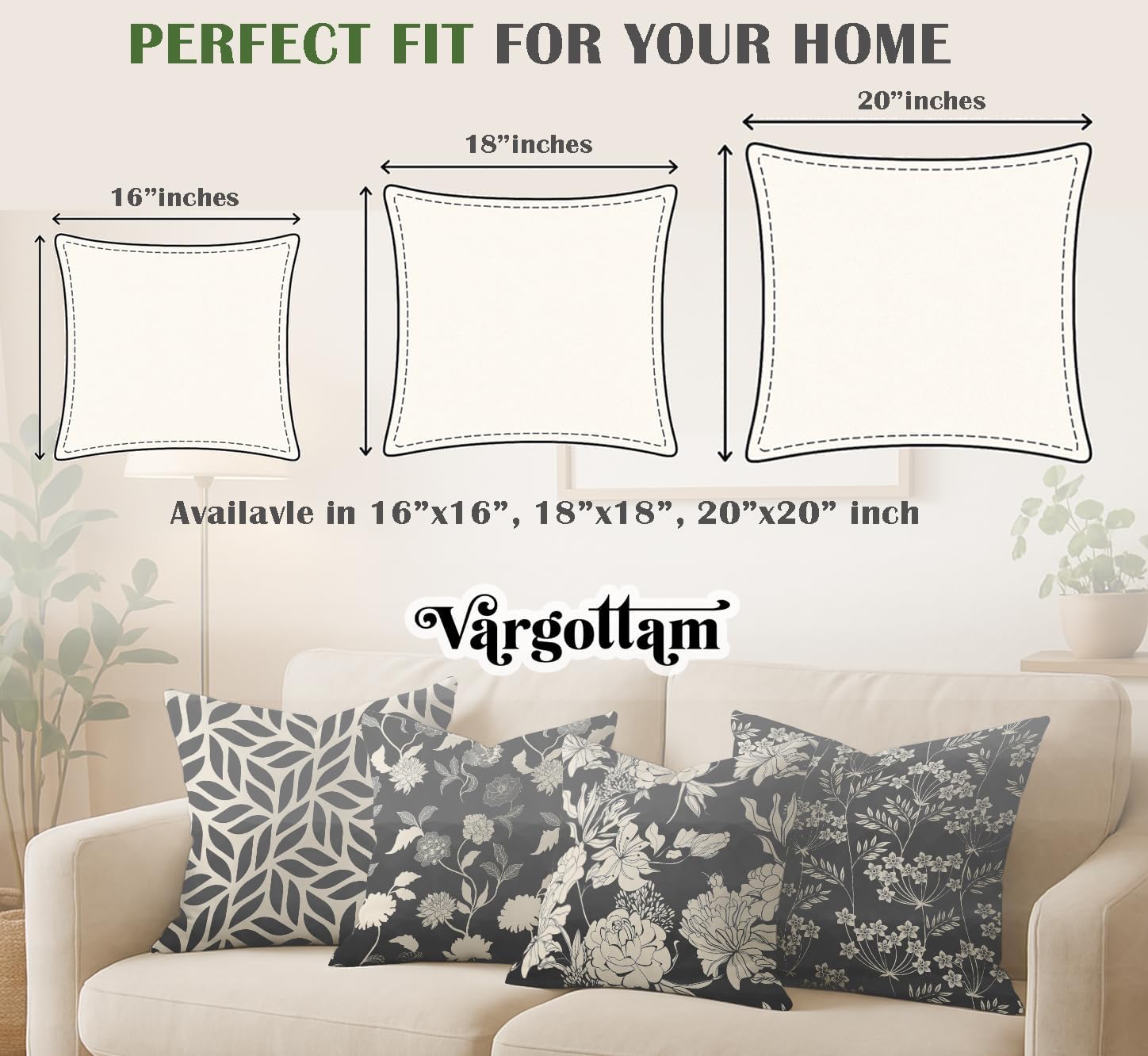Set of 4 16x16 Cotton Cushion Covers - Decorative Reversible Pillow Covers with Concealed Zipper - Filler Not Included - Floral Print, Black