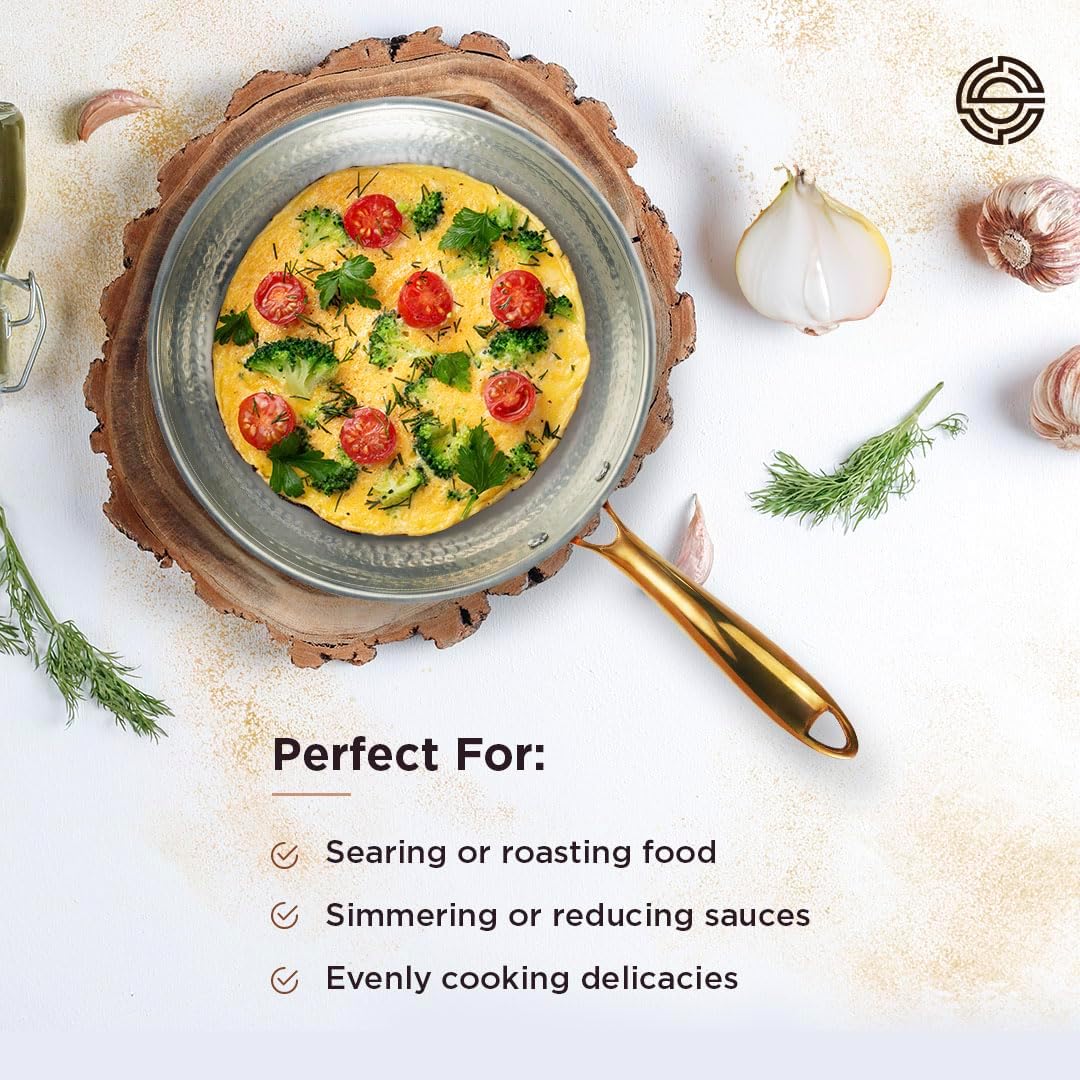 Signature 10” Copper Frying Pan, Hand-hammered copper, Non-reactive tin lining. Riveted cast-bronze handle. Electric stovetop safe, Oven safe, PFAS-Free, Broiler Safe to 425°F