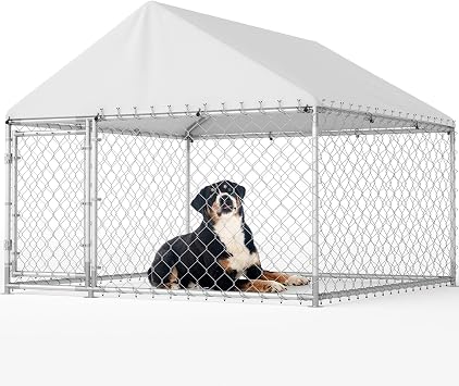 Large Outdoor Dog Kennel, Wire Dog Kennel with Waterproof Roof Dog Playpen with Safety Lock Heavy Duty Dog Crate with UV-Resistant Cover Dog Enclosure for Garden Backyard