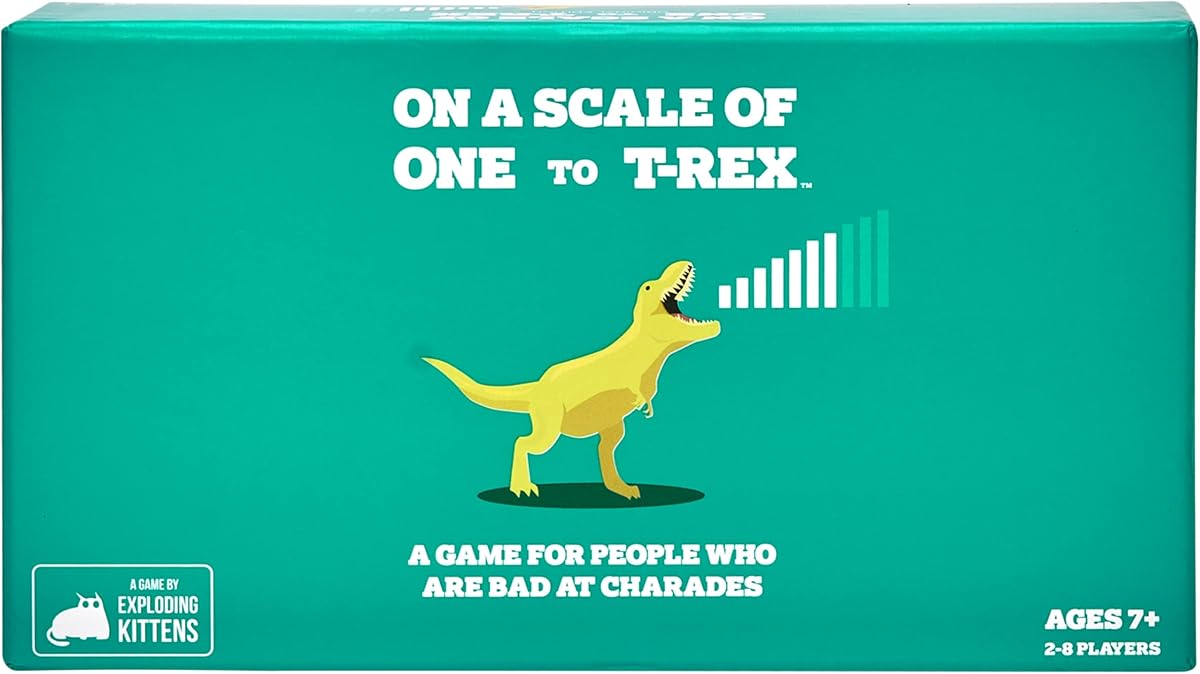 En una escala del 1 al T-Rex, de 2 a 8 jugadores, mayores de 7 años | Representa la misma emoción en intensidades tremendamente diferentes en un juego de fiesta rápido estilo charadas para todos los niveles.