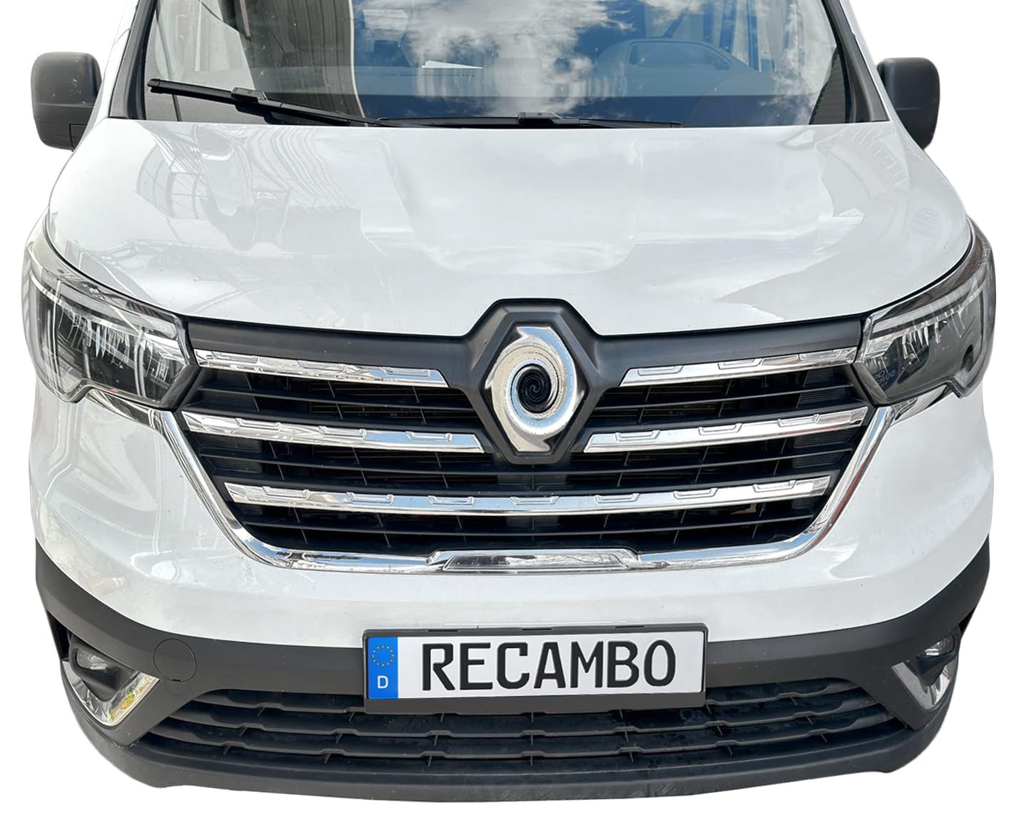 RECAMBO Cadre en acier inoxydable pour calandre avant - Moulure chromée brillante pour la finition optique - Intégration du véhicule sur mesure - Convient pour Renault Trafic | à partir de 2021 |
