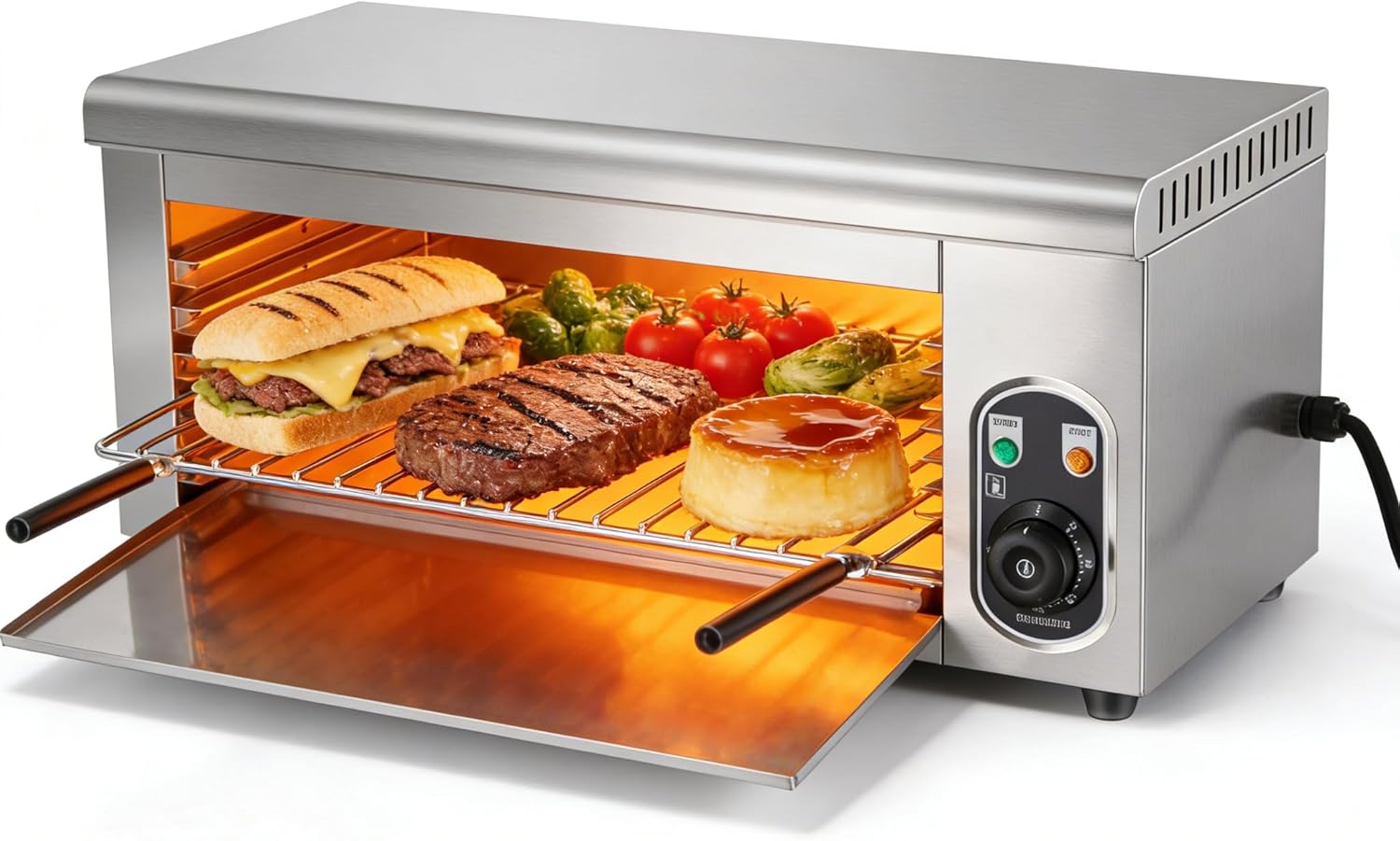 2000W Salamander Broiler, Electric Steak Broiler, Raclette Grill Cheese Melter Grill with Removable Plates, Stainless Steel Food Heater for Home Commercial, Wall Mount or Countertop, 50℃-300℃