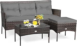 Happygrill 3 Pieces Outdoor Rattan Conversation Set Patio Furniture Set with Tempered Glass Coffee Table, 5 Elastic Seat & Back Cushions, Sectional Sofa Set for Poolside Balcony Backyard