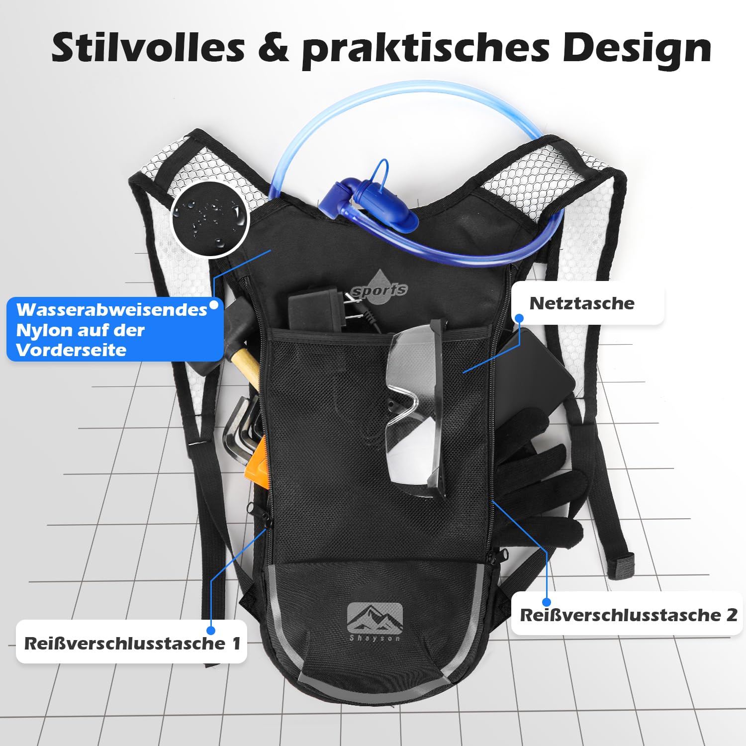 Mochila de hidratación con Bolsa de hidratación de 2 litros, Ligera y Transpirable, con 3 Bolsillos de Capa, Correas de Hombro reforzadas para Senderismo, Correr, Ciclismo