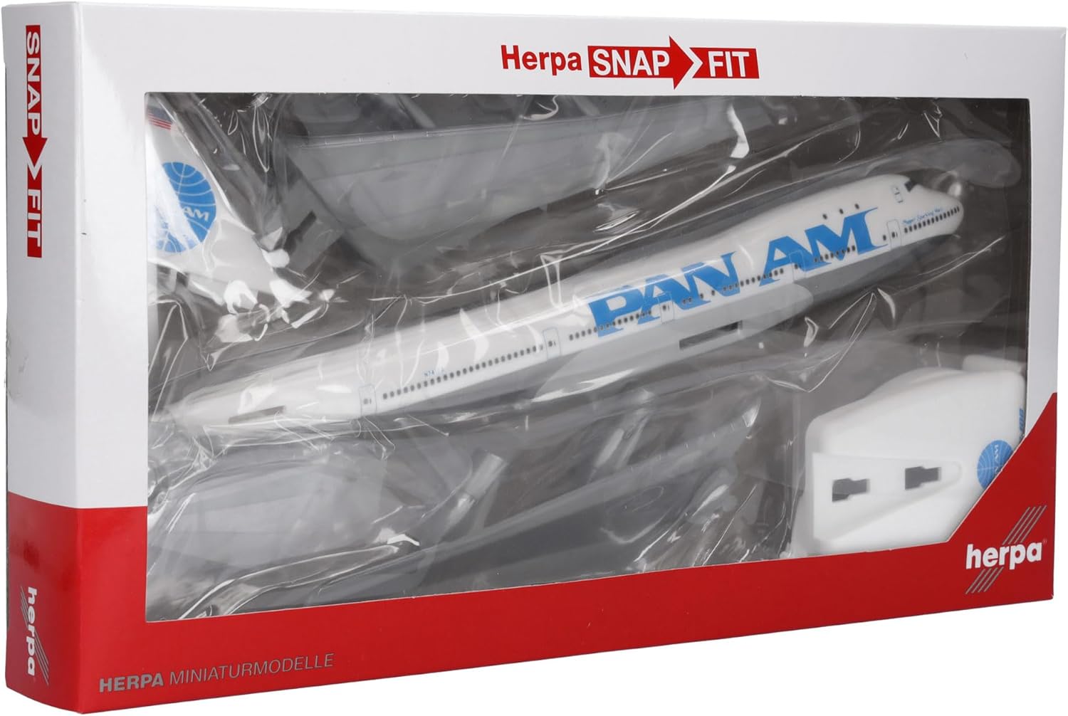 Herpa Snap-fit Airplane Model Boeing 747-100 Pan Am on Scale of 1:250, Plastic Miniature with pedastal, Model Building, Collectors Edition