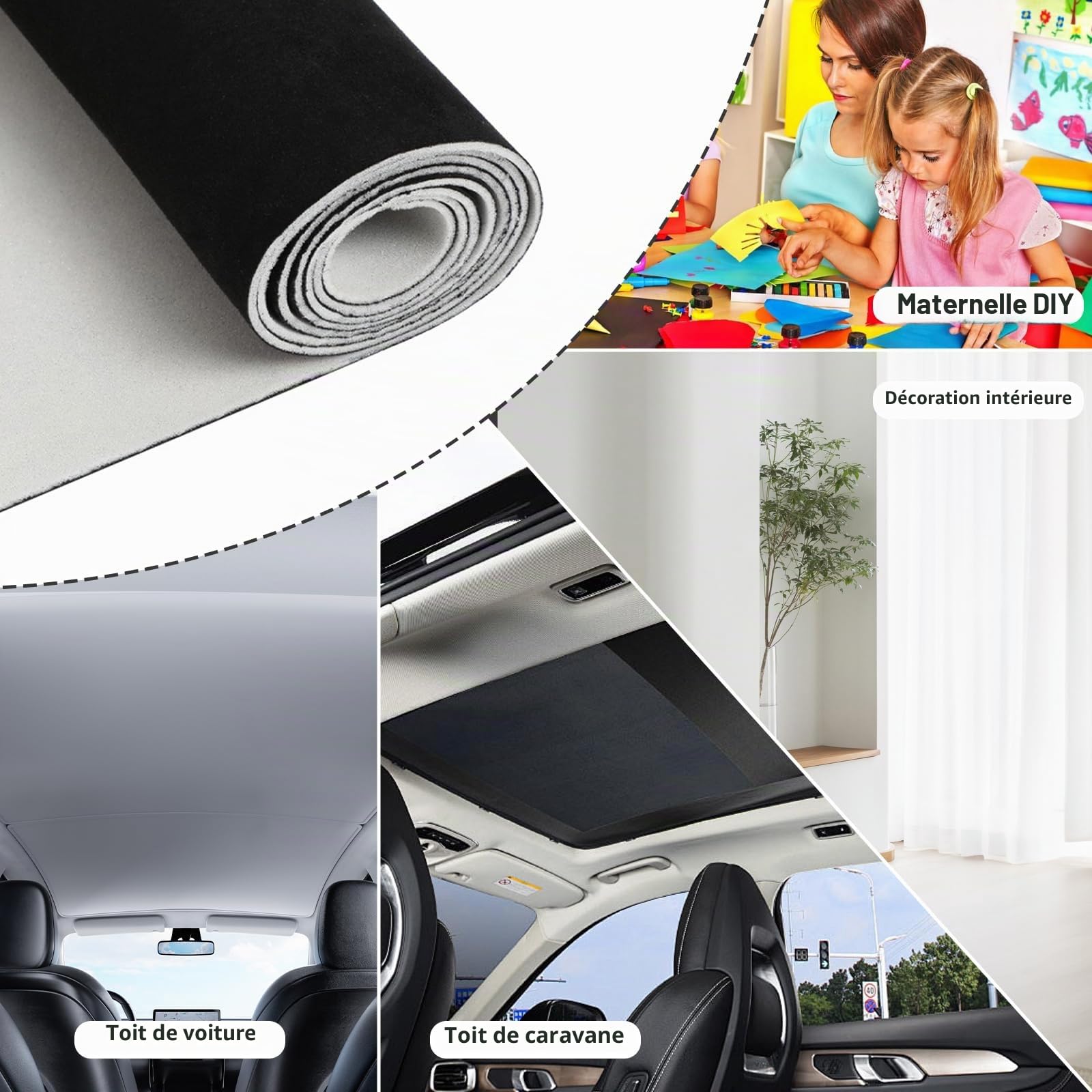 Tissu ciel de toit - Vendu au mètre - Aspect daim - En cuir synthétique - Avec dos en mousse de 4 mm - Revêtement intérieur - Réparation de tissu de voiture - Noir - 150 x 250 cm