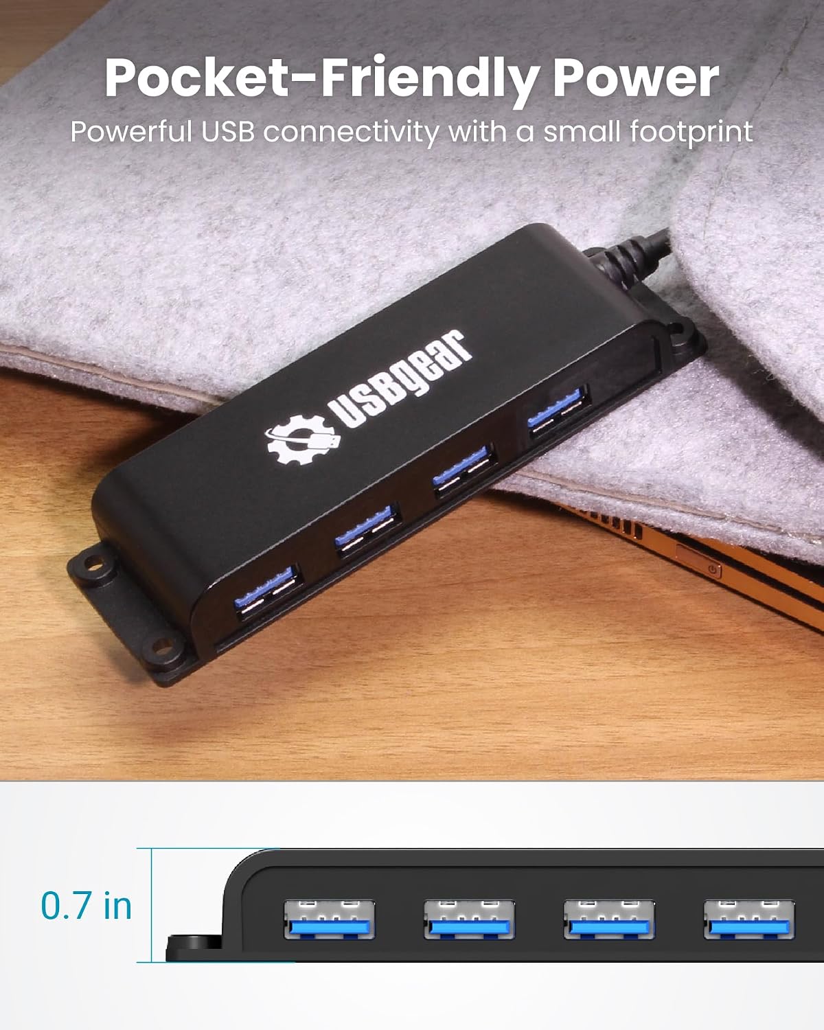 USBGear 4-Port USB 3.2 Gen 2 Hub – 10Gbps USB-A Expansion w/Integrated Cable & Flexible Mounting
