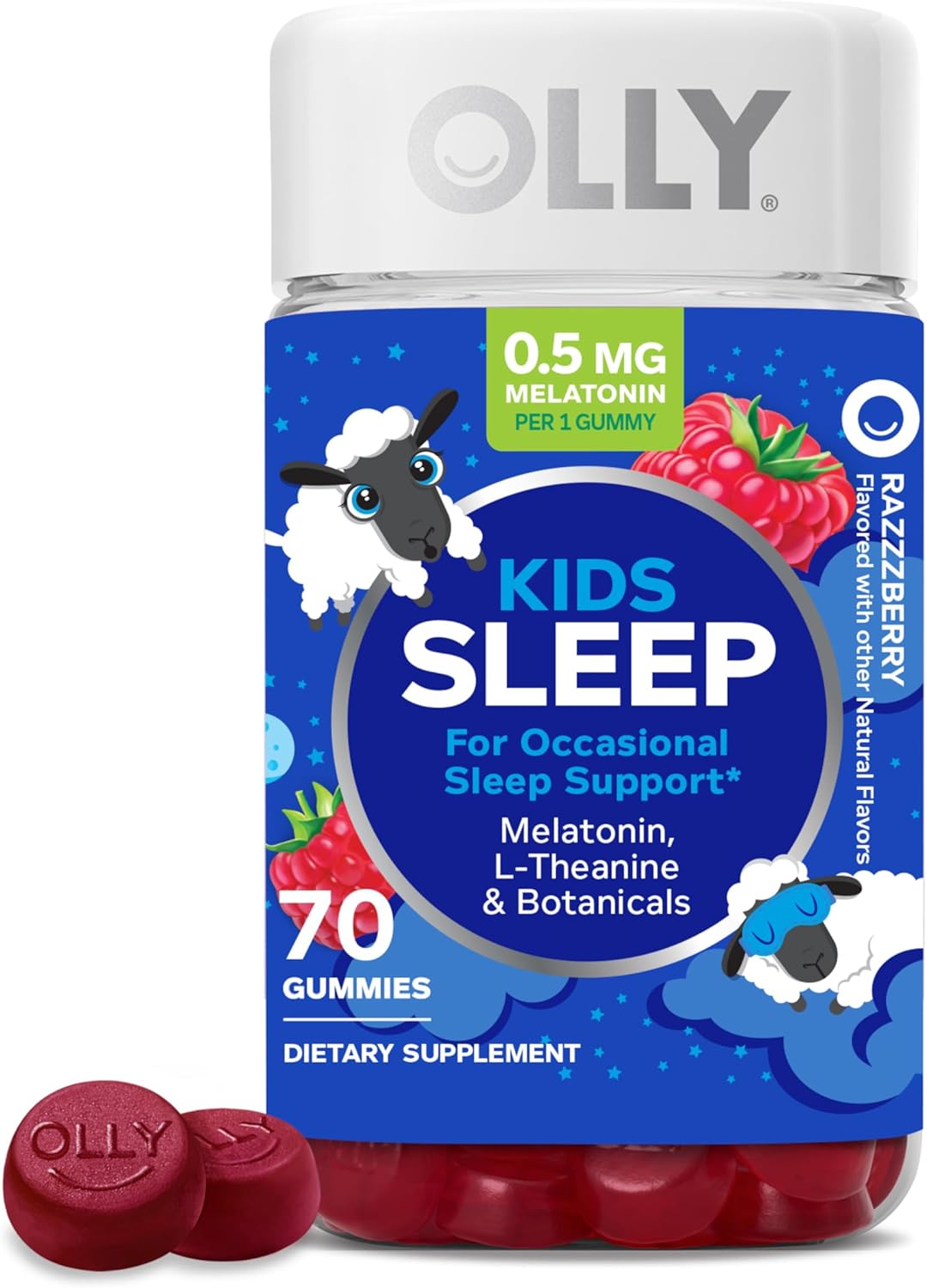 OLLY Kids Sleep Gummies, 0.5mg Melatonin, L Theanine, Chamomile, and Lemon Balm, Raspberry - 70 Count