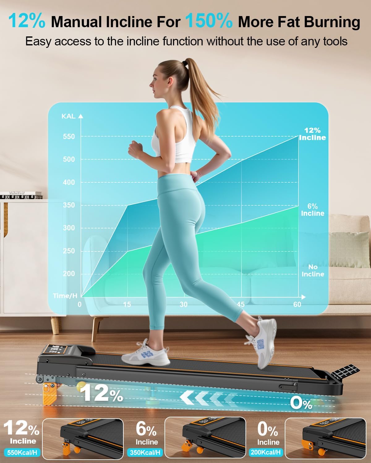 Walking Pad with 12% Incline/Adjustable Height, Upgraded 3.5HP Walking Pad with Handle Bar, 4 in 1 Foldable Under Desk Treadmill, Electric Portable Treadmills for Home 350LBS, LED Display image 3