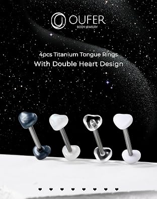 OUFER Titanium Tongue Rings - 14G Acrylic Heart Tongue Bars, Cute Nipple Piercing Jewelry - 16mm