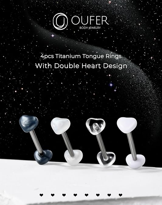 OUFER Titanium Tongue Rings - 14G Acrylic Heart Tongue Bars, Cute Nipple Piercing Jewelry - 16mm