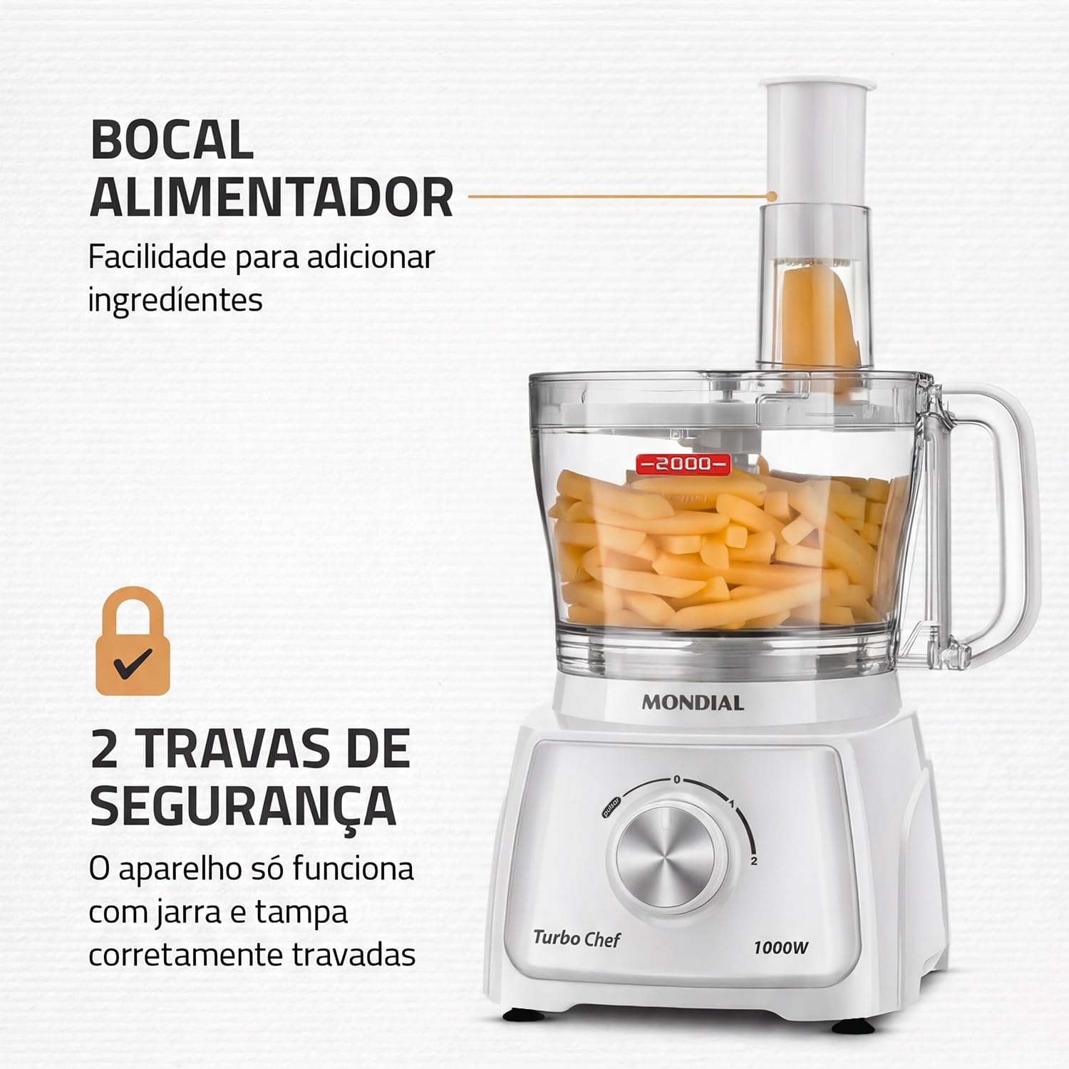 Multiprocessador Mondial Turbo Chef branco com foco no bocal alimentador e sistema de travas de segurança