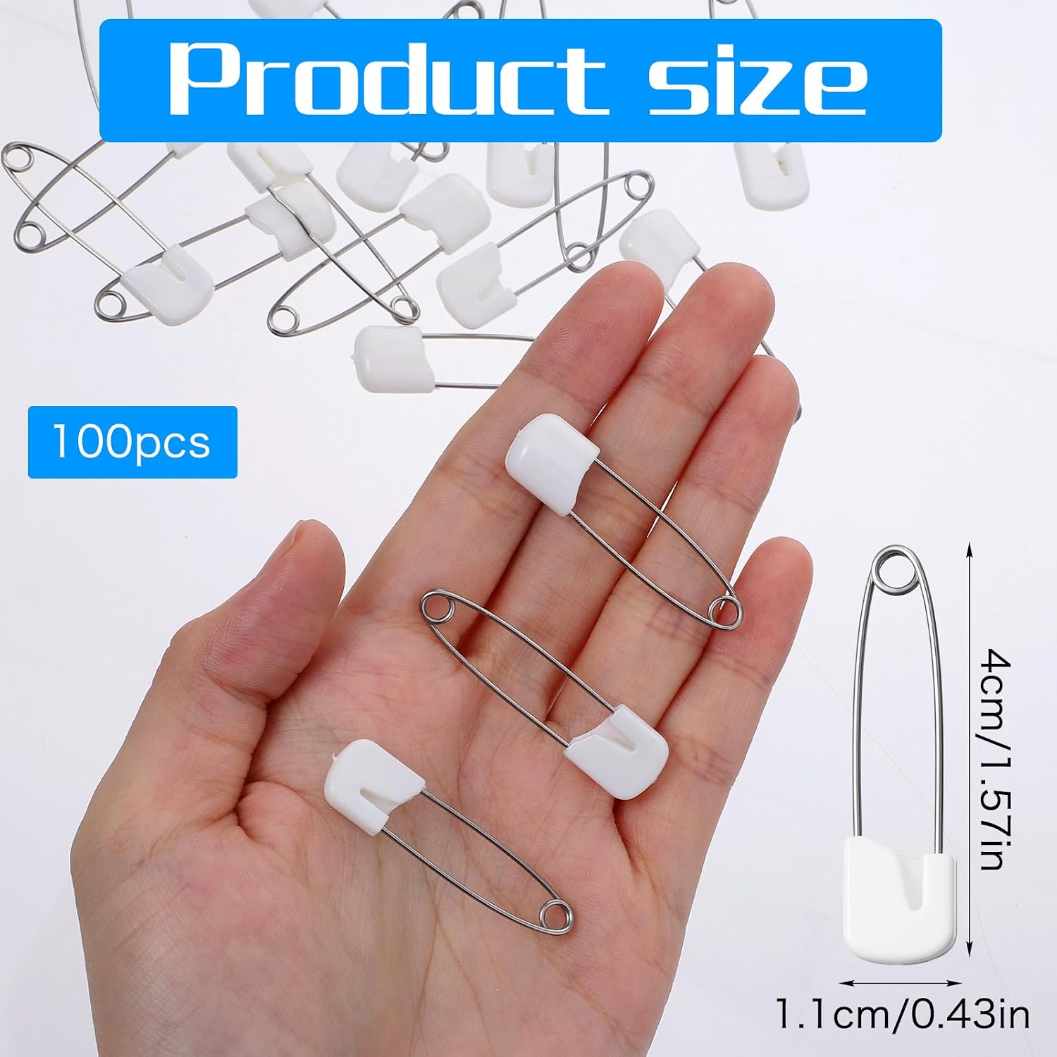 Xinjoduz 100 Pieces Diaper Pins for Cloth Diapers, 1.6 Inch Plastic Head Baby Safety Pins with Locking Closures Stainless Steel Large Diaper Nappy Pin Heavy Duty (White)