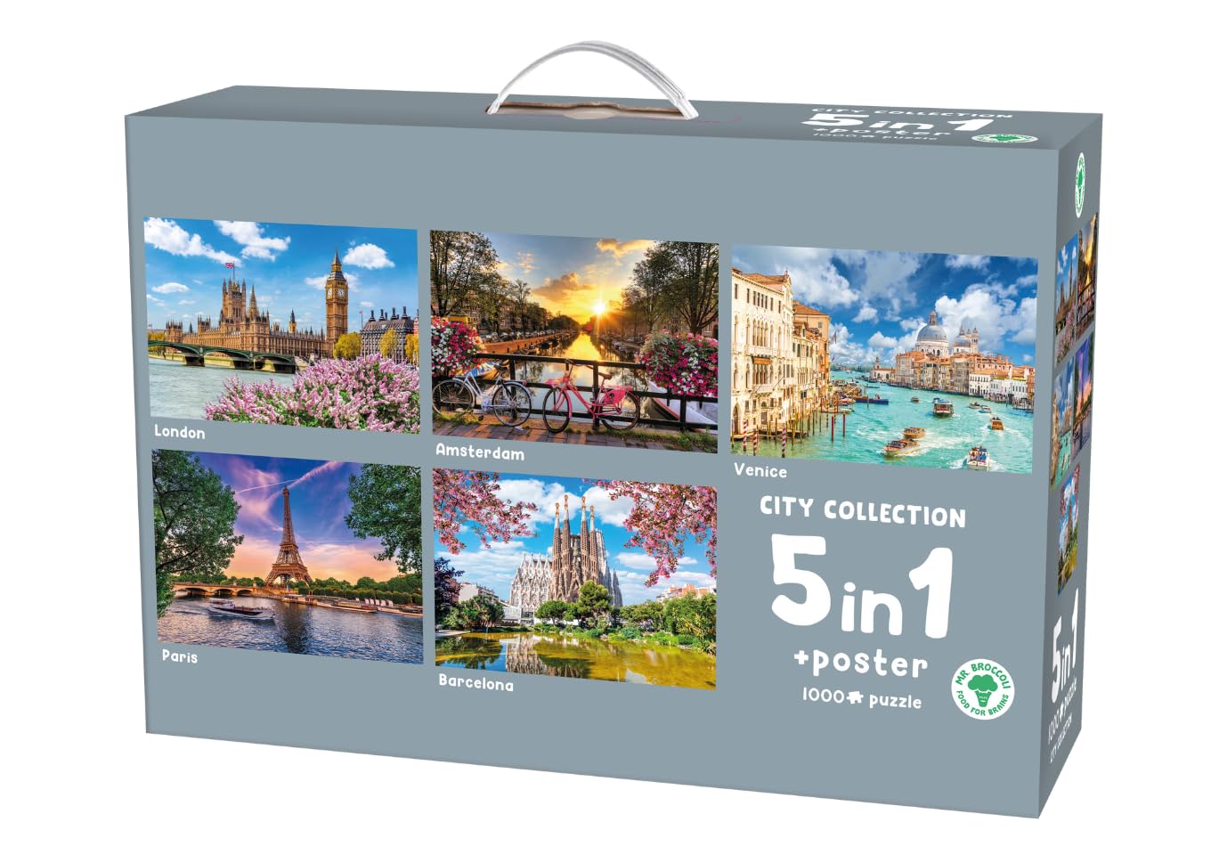 Mr. Broccoli Puzzle 5 x 1000 Pieces - City Collection - 5 in 1 Cities Puzzle - Includes Poster - FSC® - 68 x 48 cm, Ochre