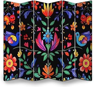 Room Divider Panel Folding Privacy Screen Mexican Flower Traditional Pattern Mexican Ethnic Wood Partition Wall Panels Freestanding Screen Dividers for Room Separation