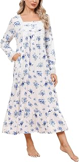 Rubehoow Damen-Nachthemd, viktorianische Nachtwäsche, langärmelig, Vintage-Nachtkleid, weiche Baumwolle, Loungewear mit Taschen