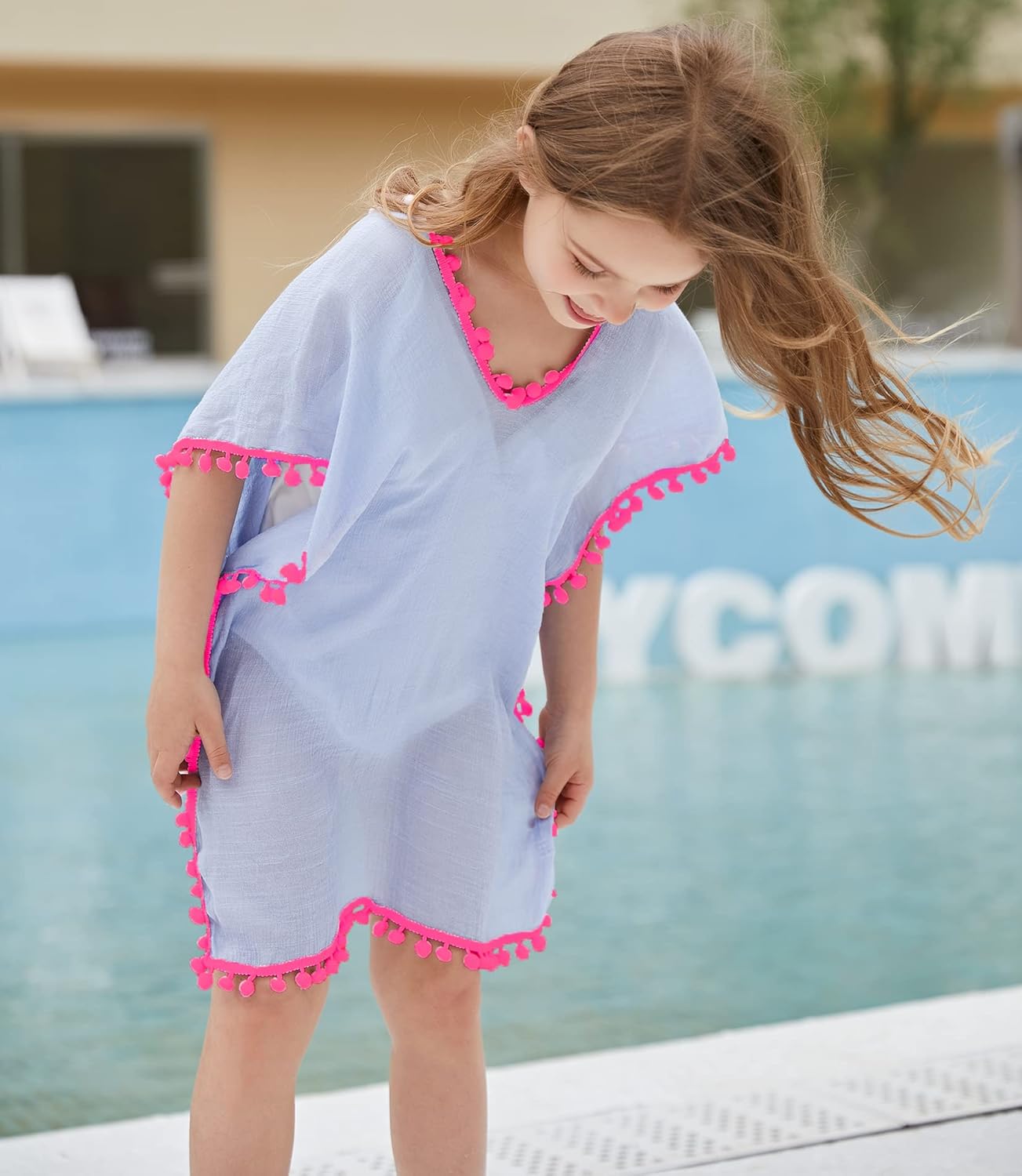 MissShorthair Girls Swim Cover Up Beach Swimwear Coverup Swimsuit Wraps with Pom Pom Trim: Clothing, Shoes & Jewelry